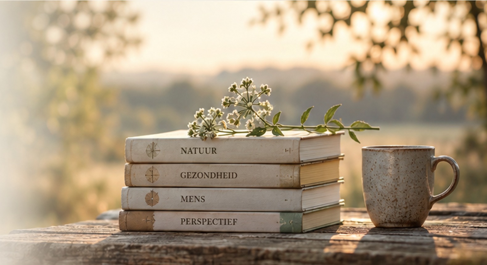 Rustig landschap met boeken en natuurlijke details, passend bij Bewust Perspectief